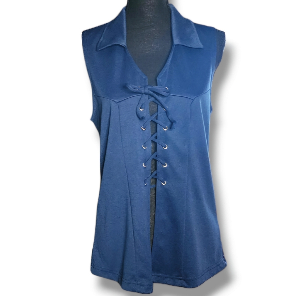 Goddess Lace Up Collared Tank Top in Blue